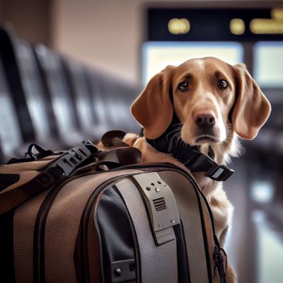 Cute puppy sitting in luggage waiting to travel ,generative artificial intelligence